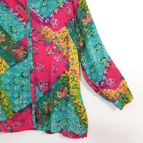 Vibrant patchwork floral rayon button front shirt - Picture 3 of 9
